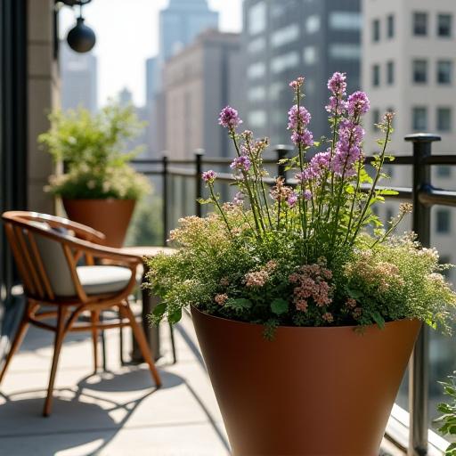 Elegant custom planters with a mix of seasonal flowers and foliage on a city balcony.