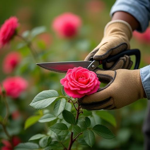 A professional gardener carefully pruning a rose bush in a vibrant garden.