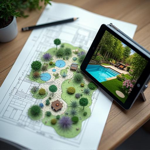 A detailed landscape design plan next to a tablet showing a 3D rendering.