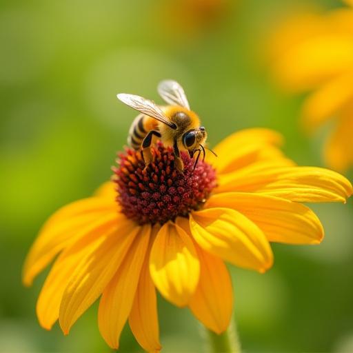 A bee gathering nectar from a native coneflower in a healthy, organic garden.