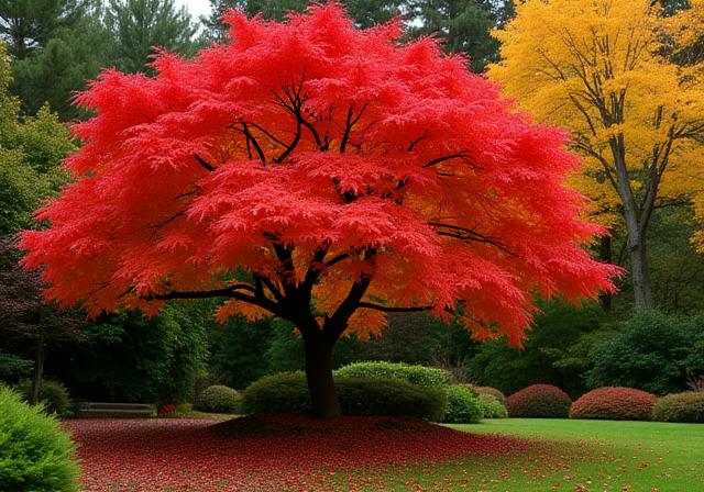 A garden showcasing the rich red and orange colors of an Autumn Japanese Maple tree, expertly placed for seasonal impact.