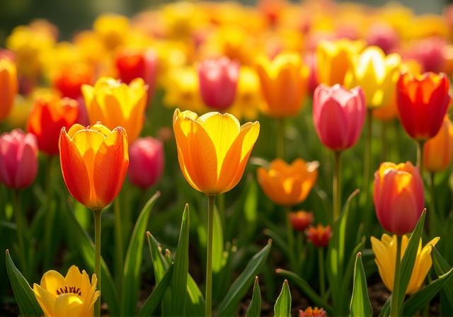Vibrant tulips and daffodils in a Spring garden bed, an example of our expertise in seasonal planting.