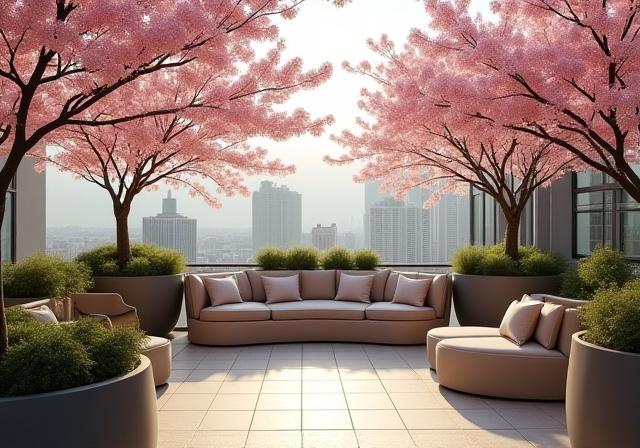 A vibrant city terrace in spring flourishing with cherry blossoms in large custom containers.